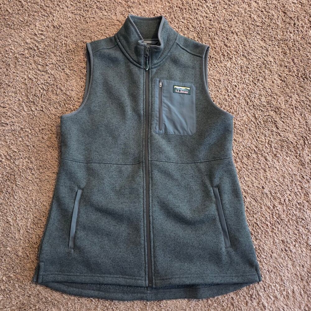 LL Bean Sweater Fleece Long Vest womens shadow green full zip MP